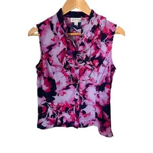 Tahari Arthur S. Levine Navy Ruffle Floral Button Front Blouse NWT Size S